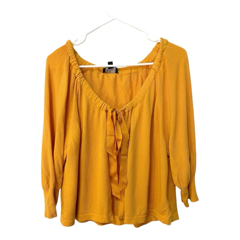 Dialogue 2X Mustard Yellow Knit Tie Neck Top Long Sleeve Cottagecore Boho